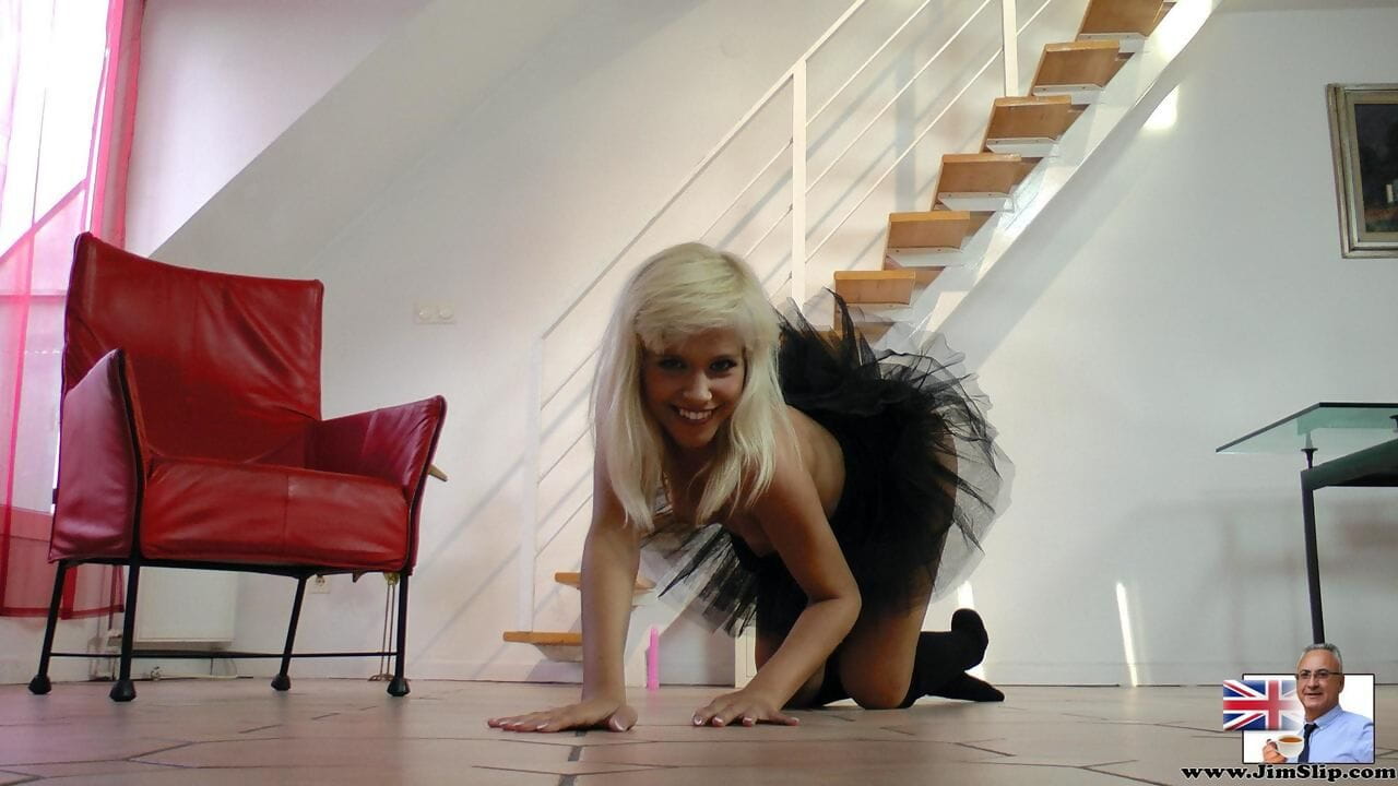 Charming blonde teen dildos her pussy in black tutu and OTK socks page 1