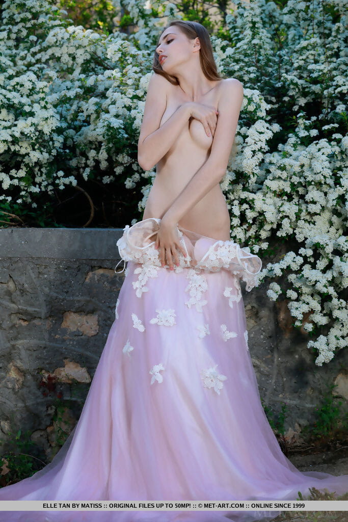 Beautiful girl Elle Tan slips off wedding dress to pose nude in garden page 1