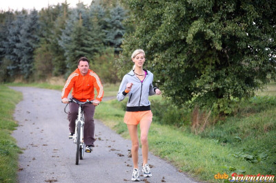 Blonde jogger gives up her virgin pussy to a passing cyclist
