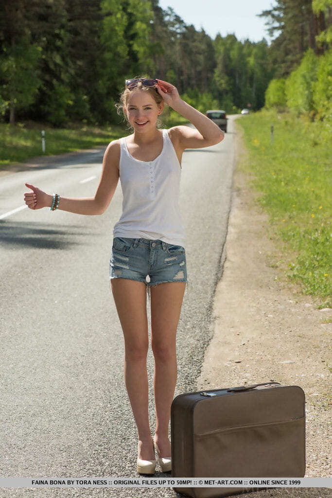 Teen hitchhiker Faina Bona gets totally naked on the roadway page 1