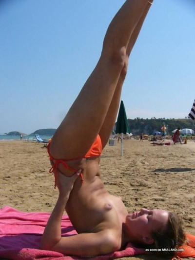 Blonde teen gf having fun topless at the beach - part 3554